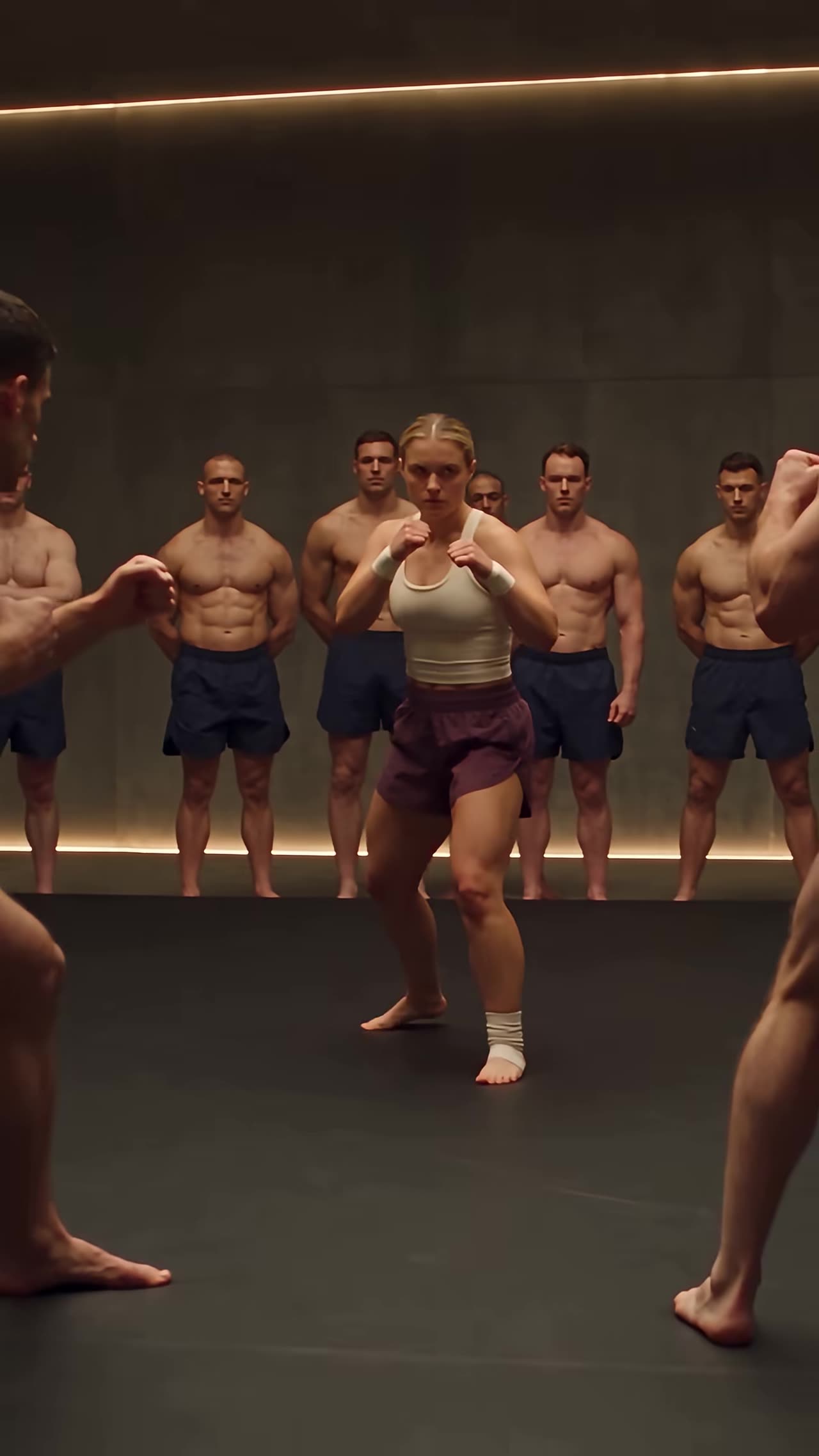 Woman centered on mat with fists up between two opponents