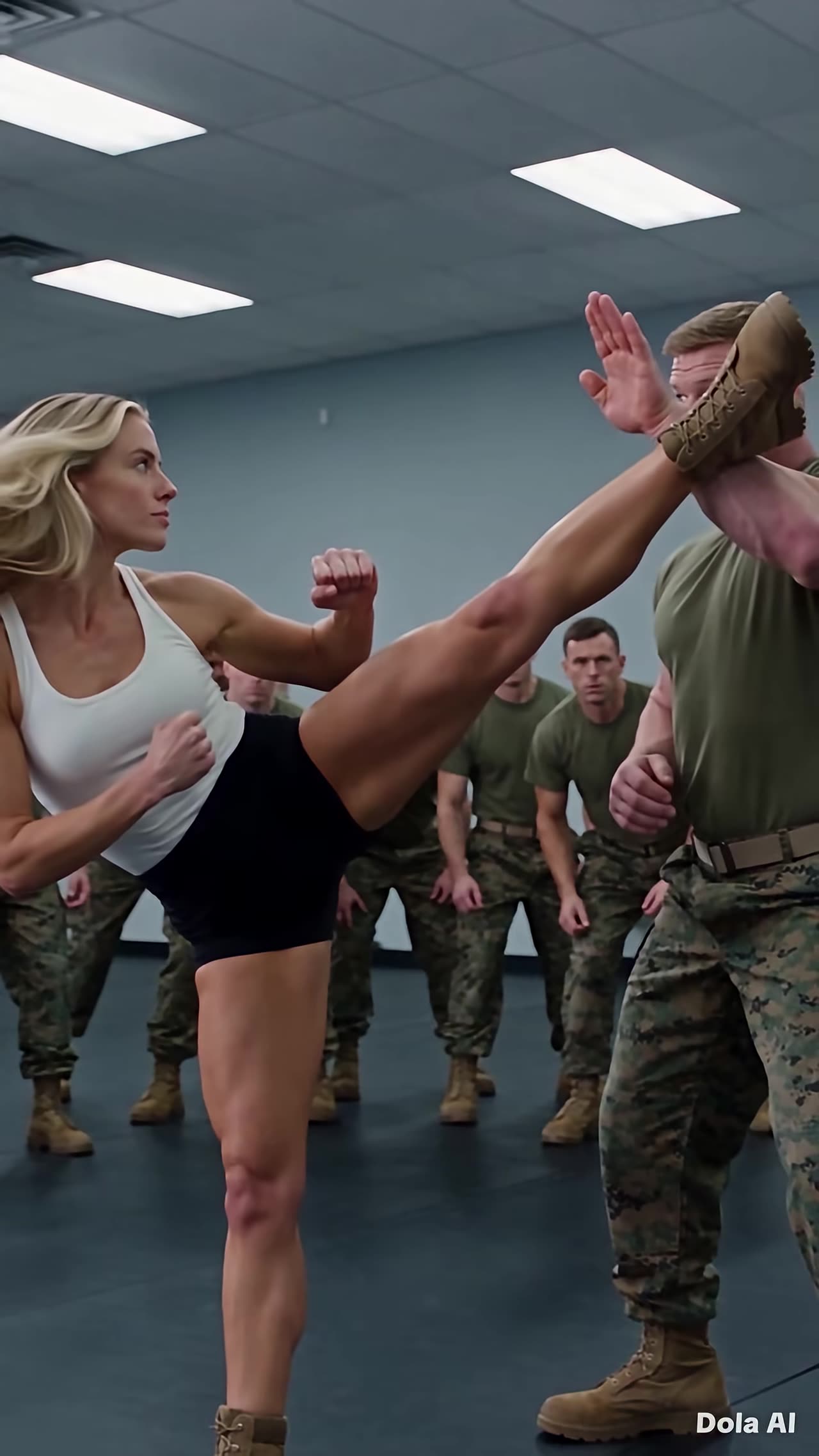 Woman launches powerful high kick at soldier