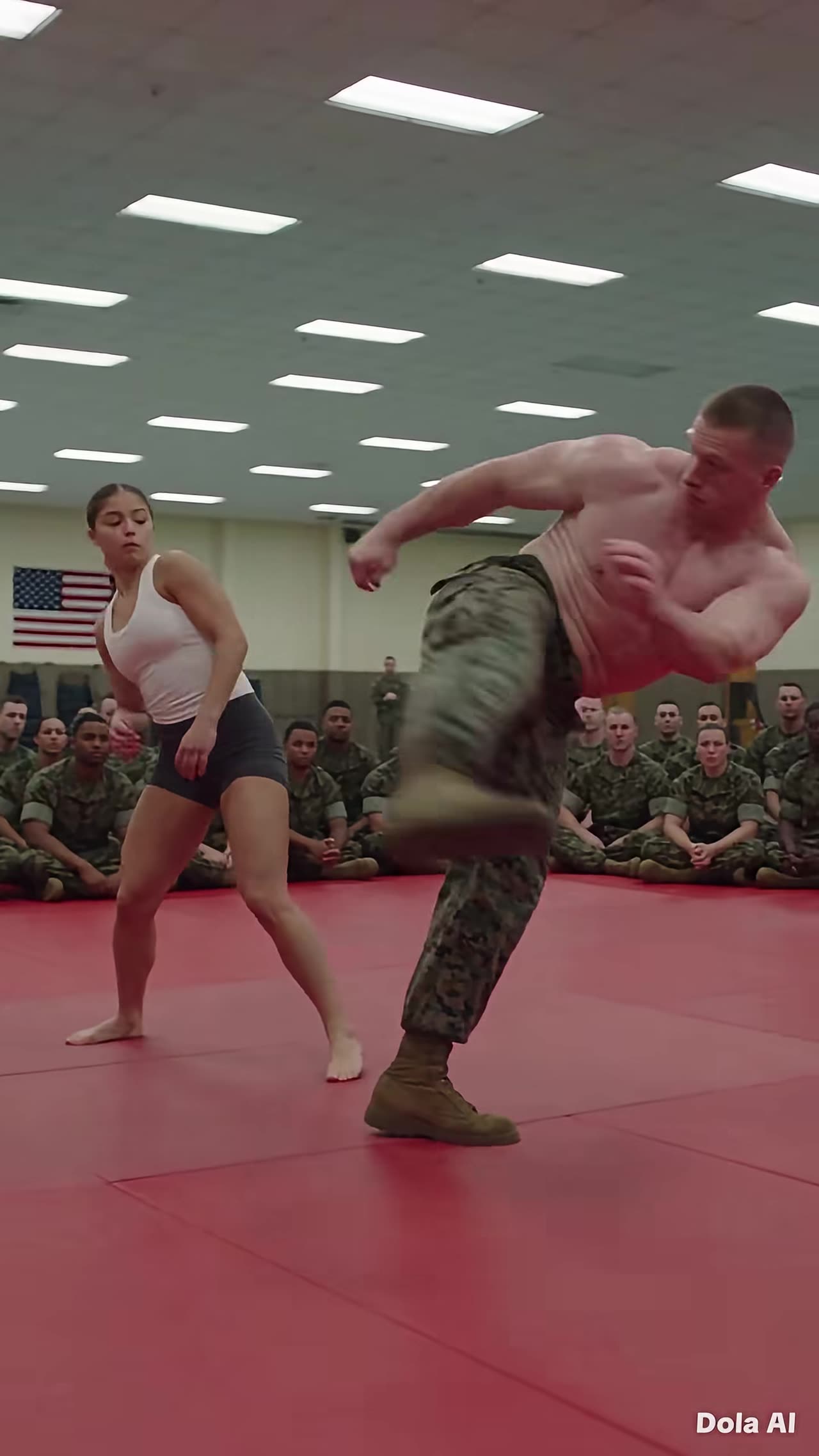 Recruit leans back as boot narrowly misses her