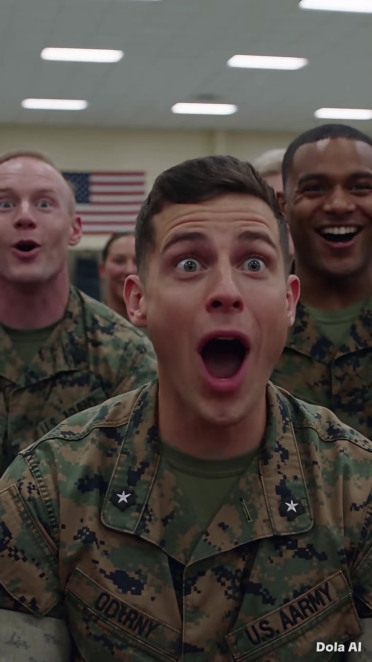 Shocked soldiers react with wide-eyed amazement