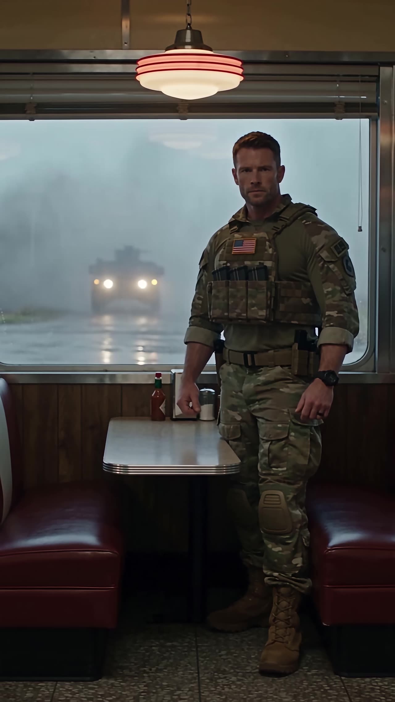 Soldier standing calm as armored vehicle appears in rain