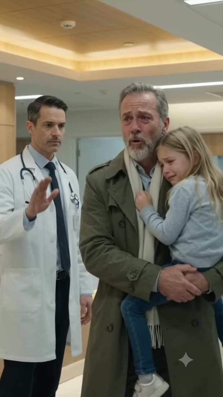 Stern doctor raising hand to stop grandfather holding crying child