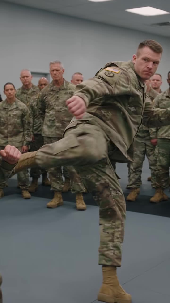 Male soldier launches high-power kick as soldiers watch