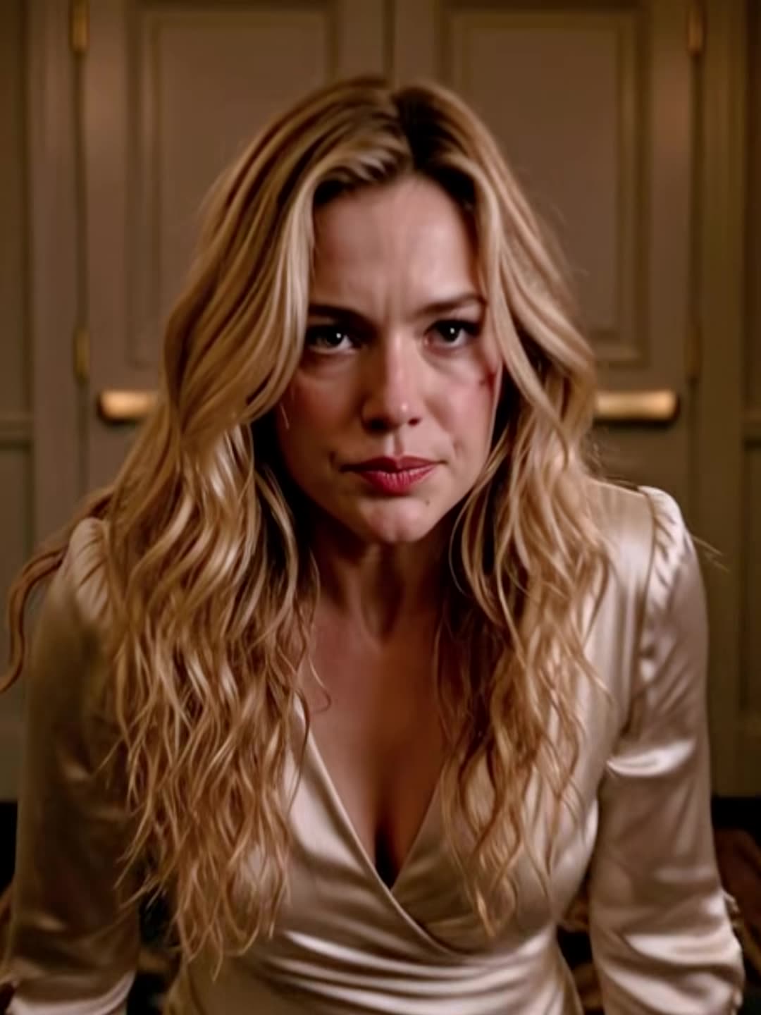 Bruised Claire Waverly staring defiantly after the ballroom attack