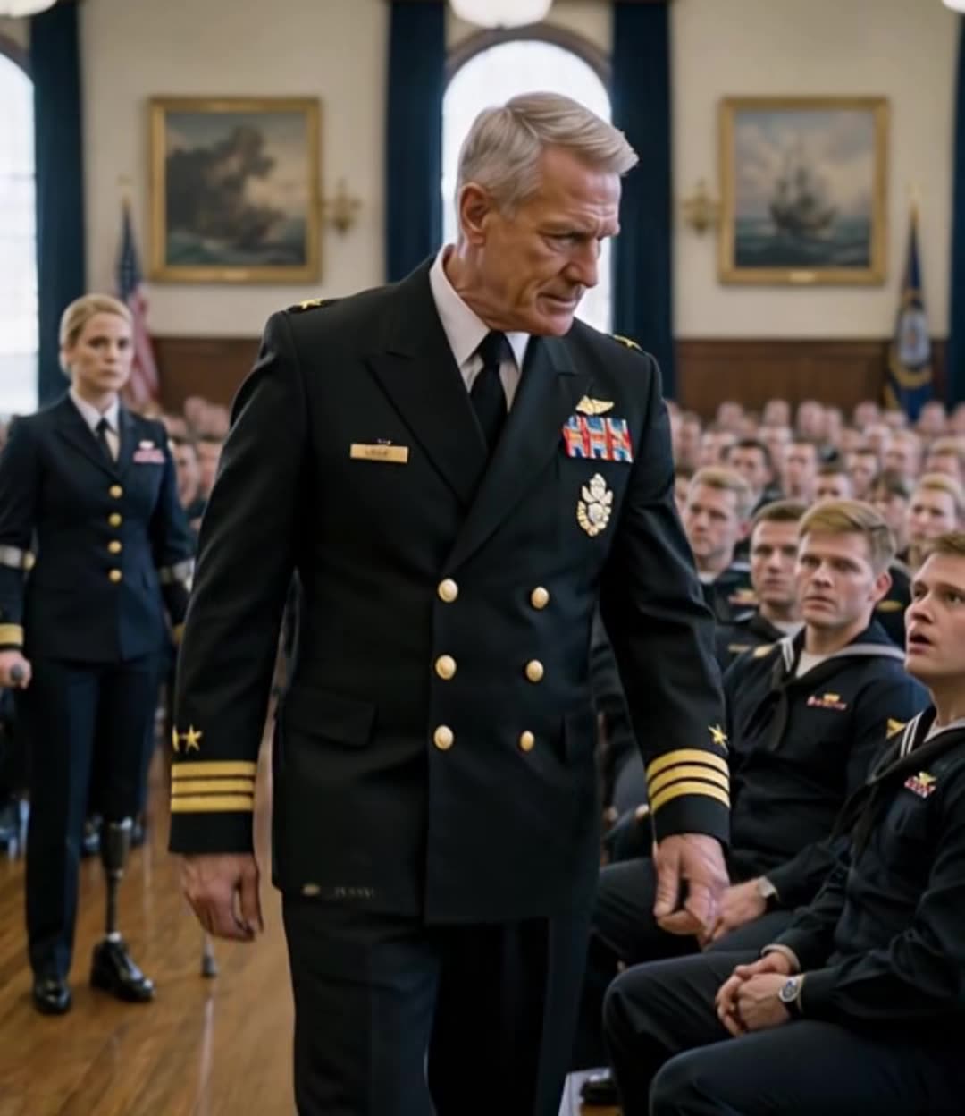 Three-star general confronting seated sailors