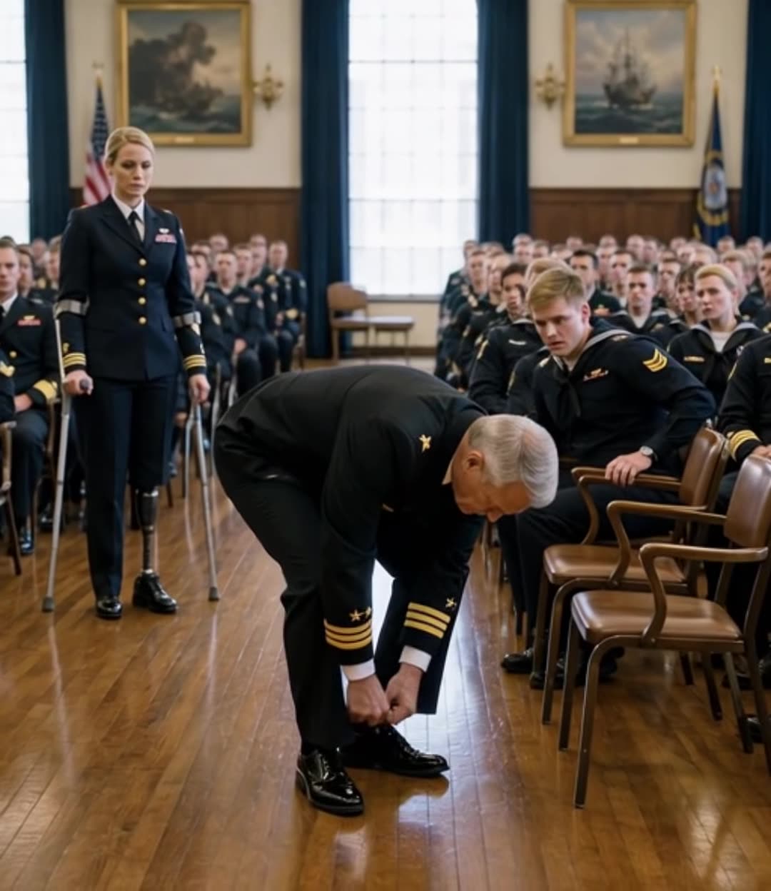General revealing prosthetic leg as officer watches