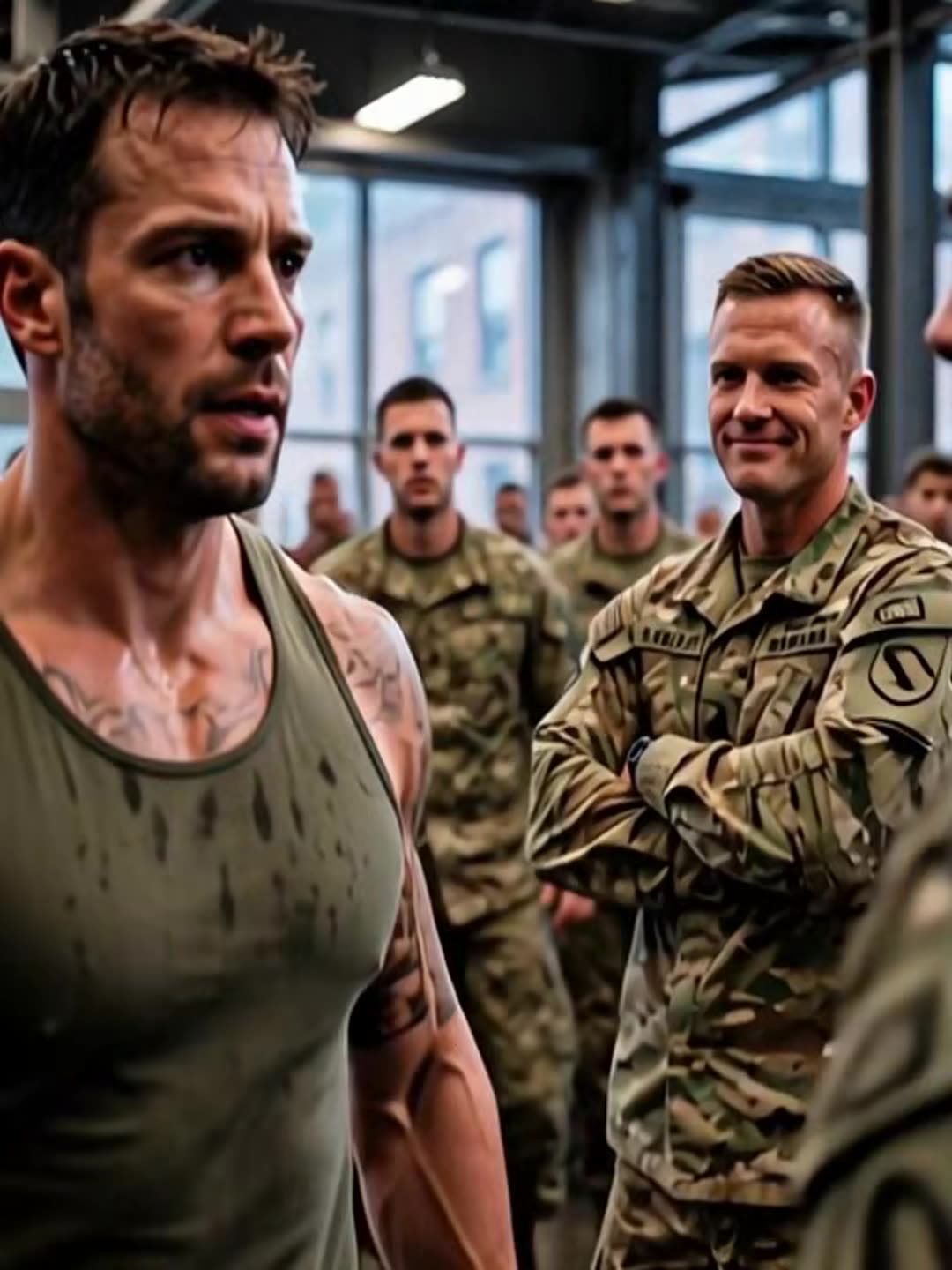 Arrogant sergeant smirking as he confronts the quiet veteran