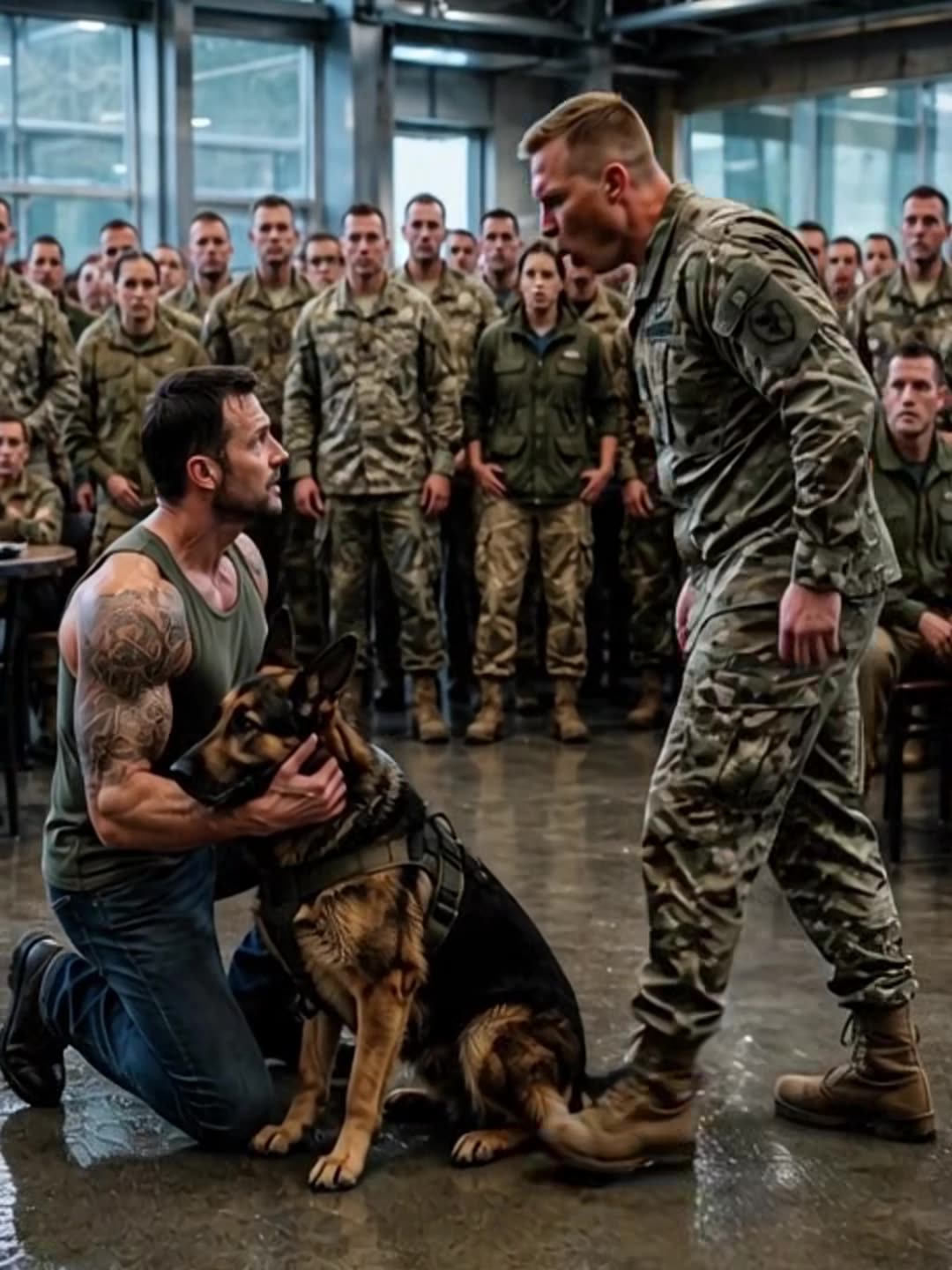 Veteran kneeling with K9 as furious sergeant towers over them