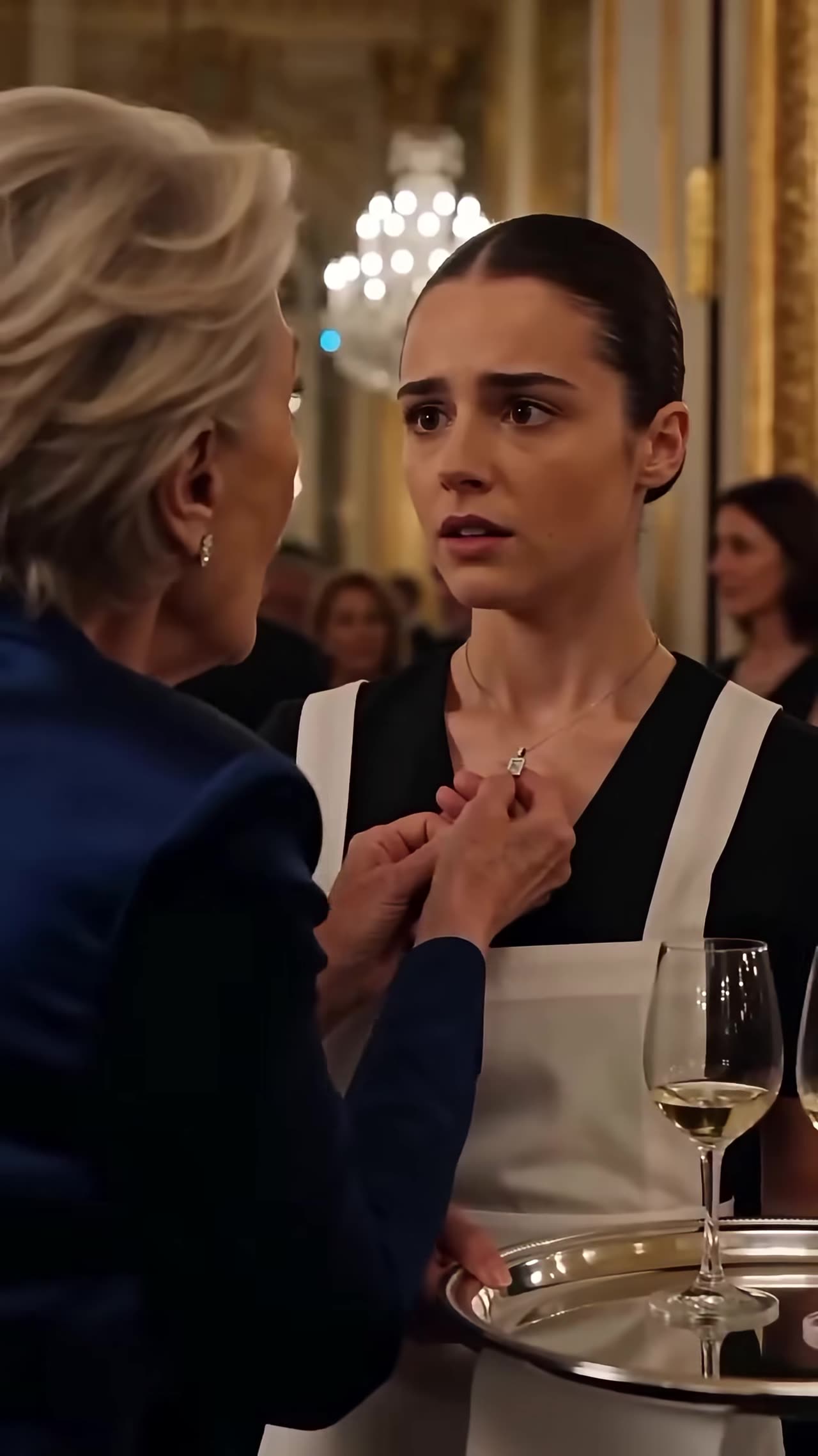Elderly hand seizes waitress's small pendant necklace