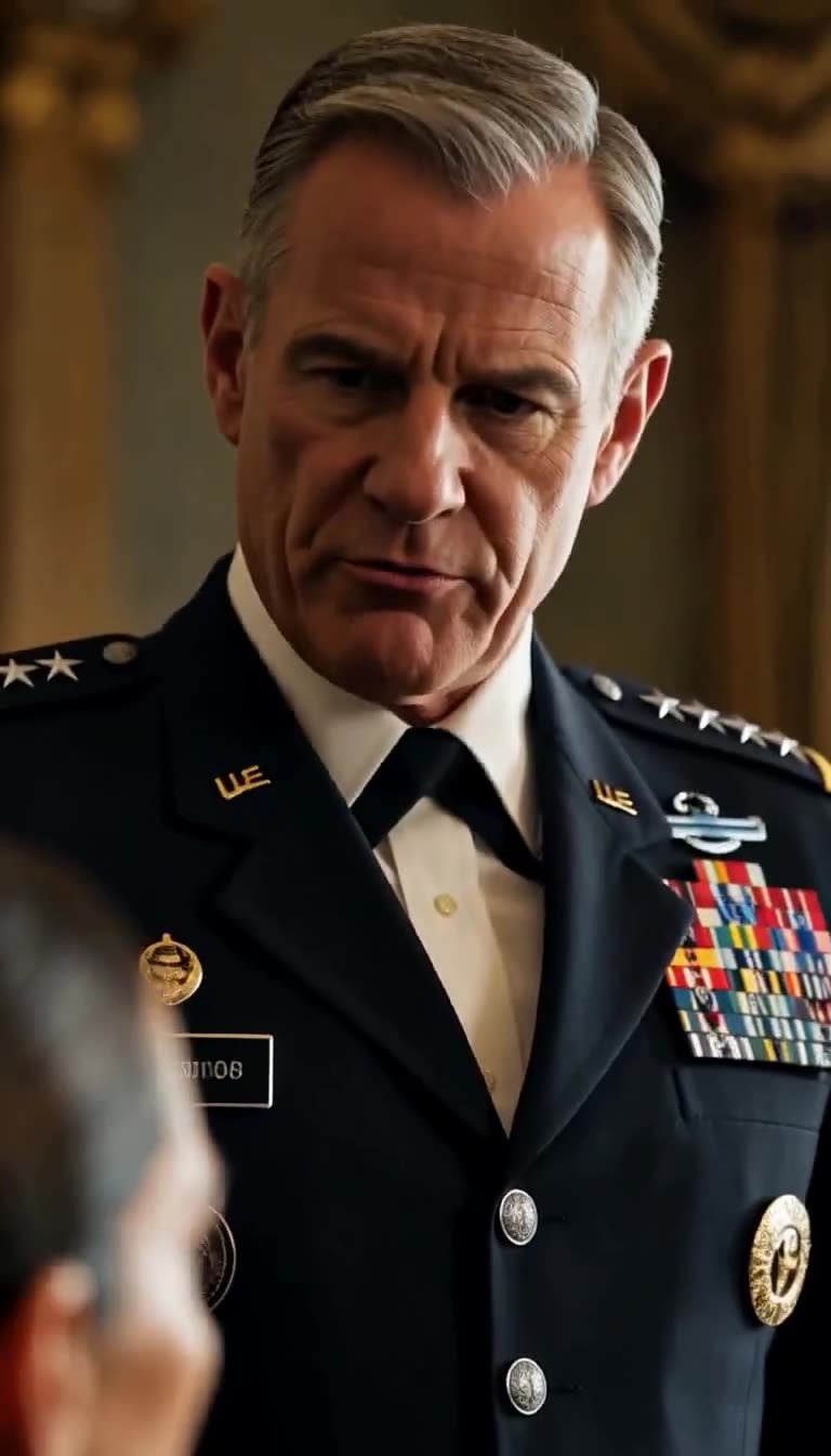 Fictional senior four-star male general in decorated uniform looking down sternly