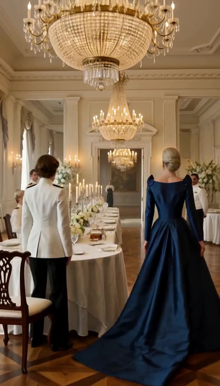 Rear view of the woman in blue walking away down a grand chandelier-lit banquet hall while the officer stands watching by the table