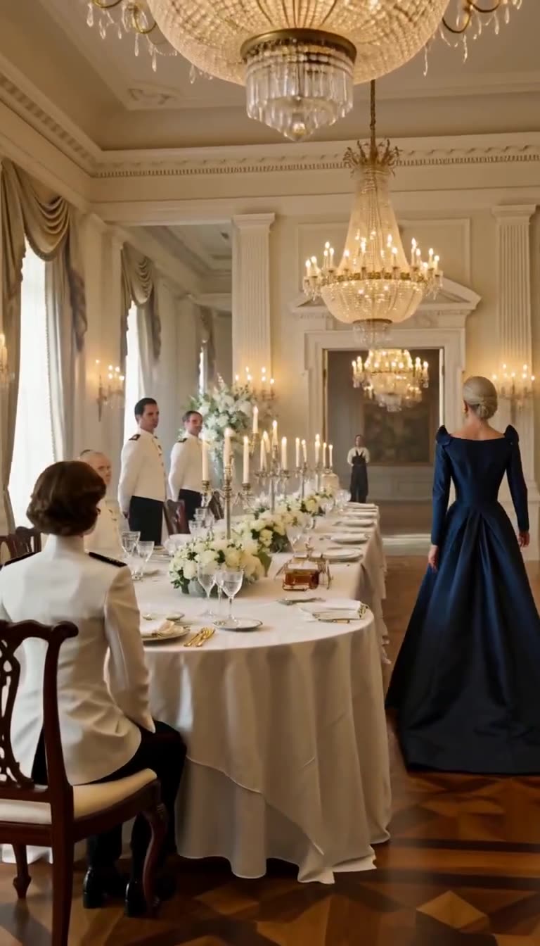 The officer now seated at the banquet table as the woman in blue continues walking toward the far doorway