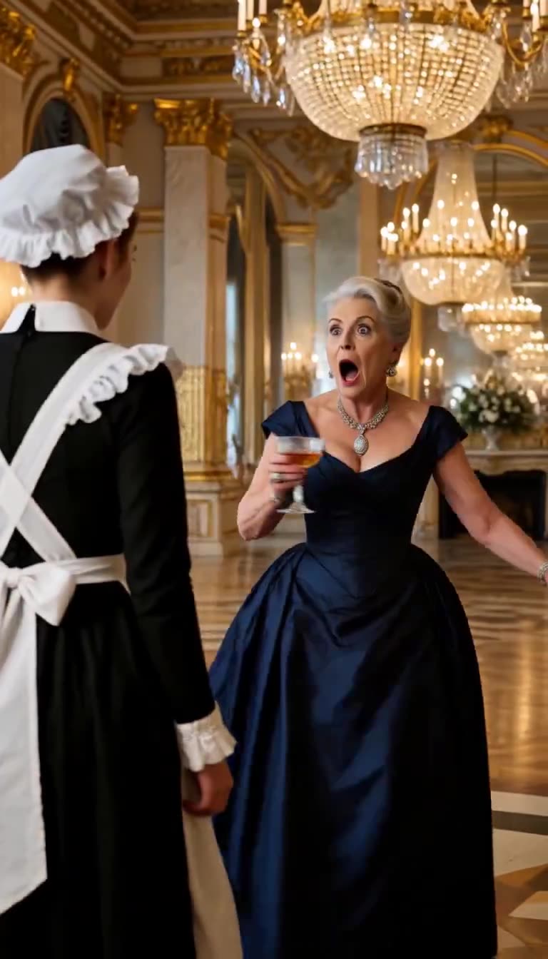 The woman gasping in shock with mouth open as she faces a young maid in uniform