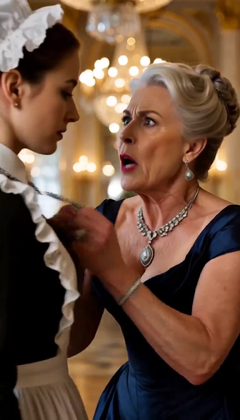 Close-up of the older woman grasping the young server's necklace while speaking urgently