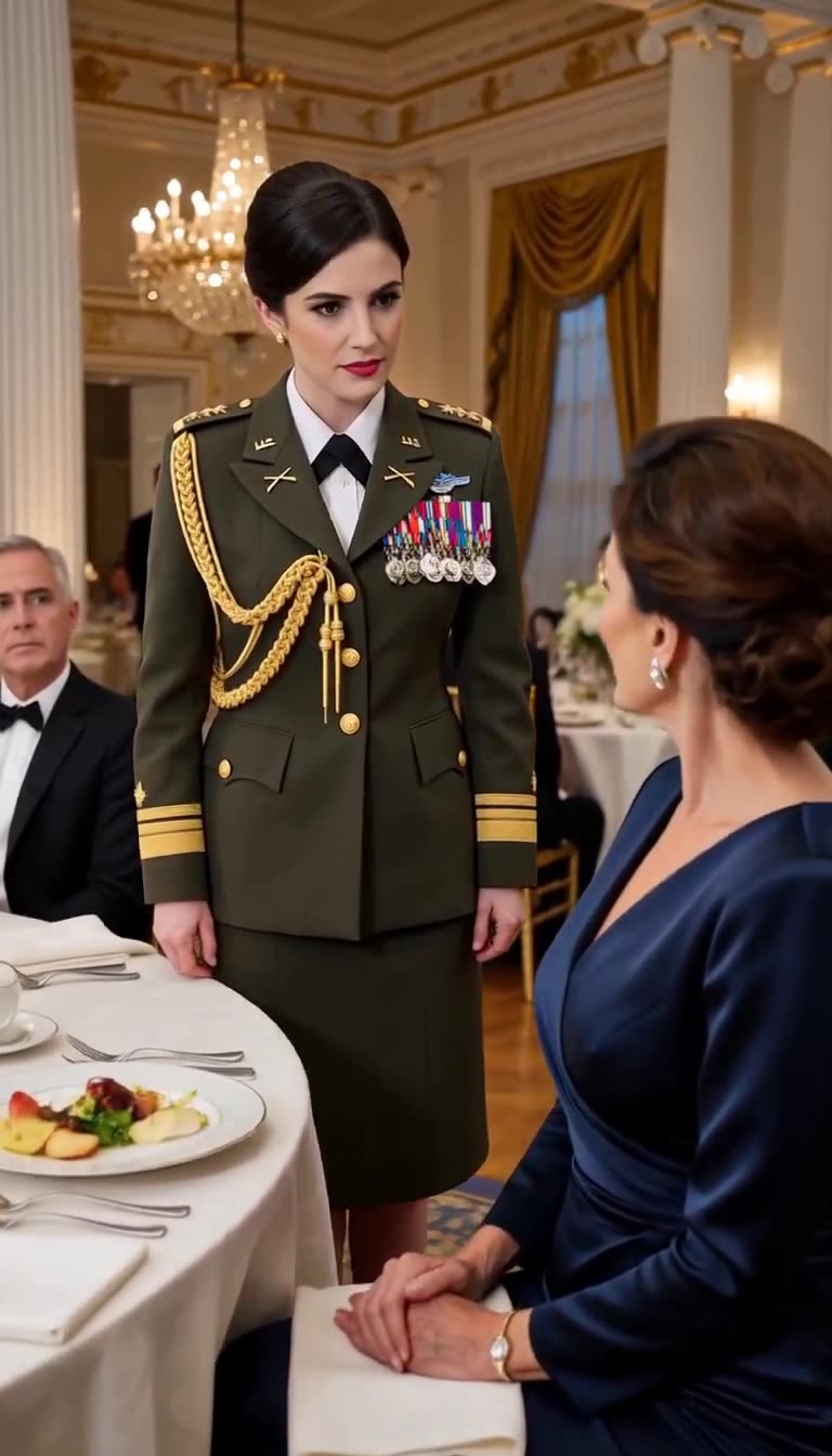 Closer view of the standing uniformed officer with medals listening as the seated woman in blue responds calmly at the formal dinner table.