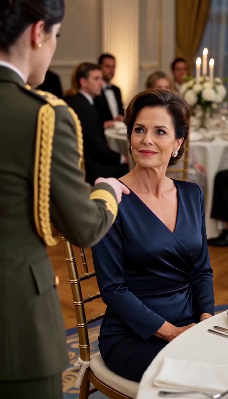 Over-the-shoulder view of the uniformed officer pointing down toward the seated woman in navy, who looks up with a calm expression in the banquet hall.