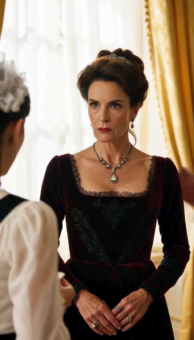 Fictional older noblewoman in a dark evening gown staring intently at a young maid in uniform in a bright room