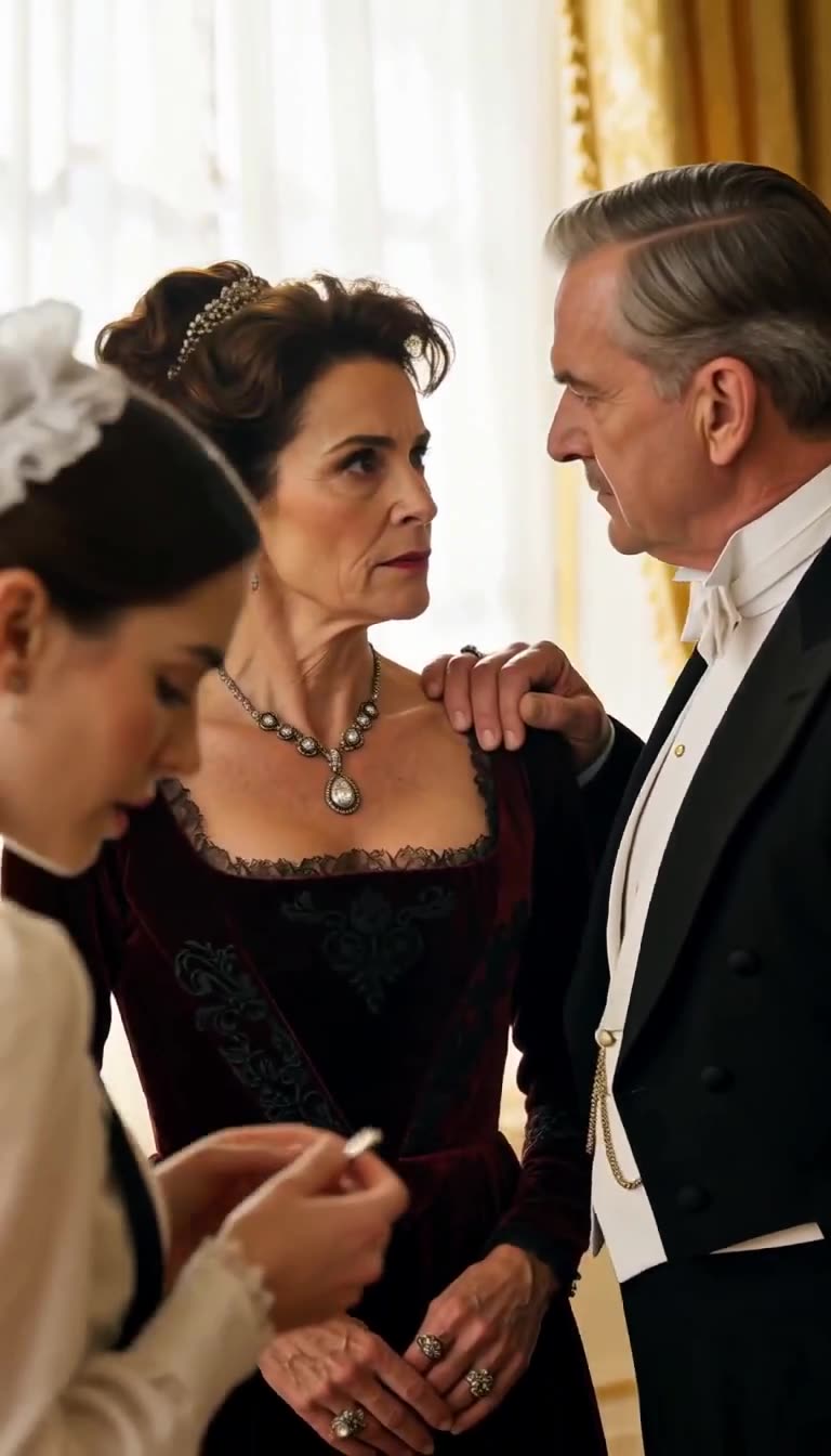 Fictional older man in a black tuxedo placing his hand on his wife's shoulder as she faces the young maid holding the pendant