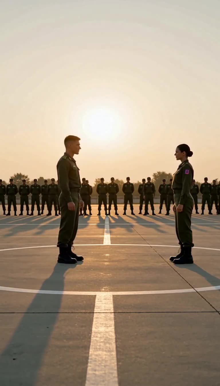 Same wide view moments later of the two soldiers standing still opposite each other under bright sunset light with long shadows