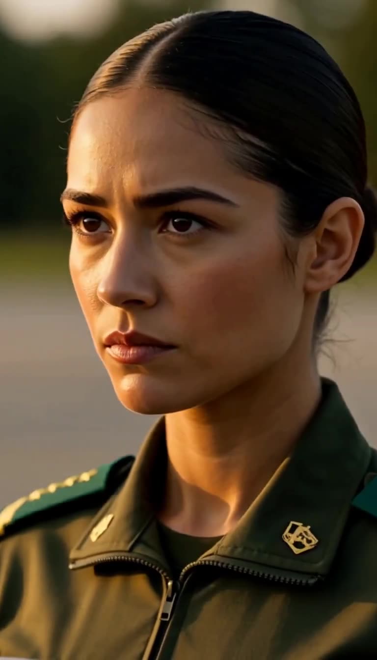 Close-up of the female sergeant with dark hair in a tight bun and a focused, calm expression in warm golden light