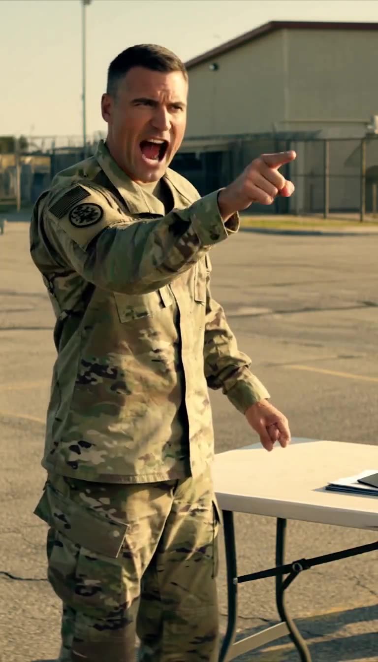 Same fictional officer mid-shout with mouth wide open while still pointing during the checkpoint confrontation
