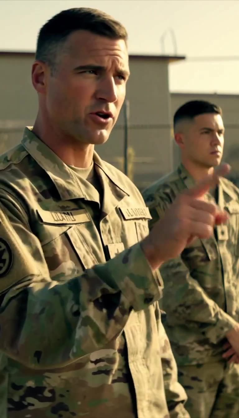 Close-up of the fictional officer speaking and pointing with a younger fictional soldier standing behind him