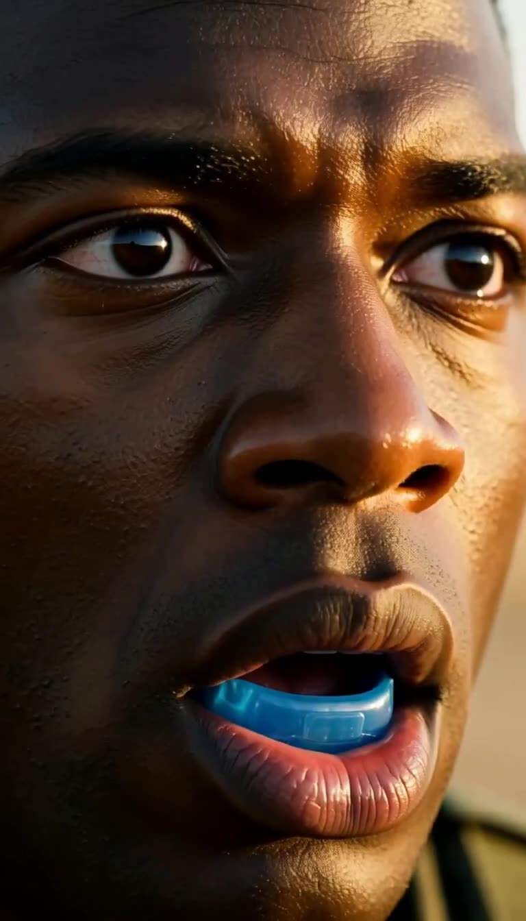 Extreme close-up of a shocked soldier's eyes and blue mouthguard in golden light