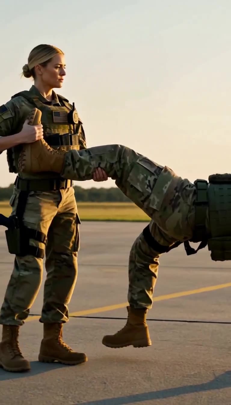 Female soldier calmly holding a male soldier's extended kick leg on a tarmac at sunset