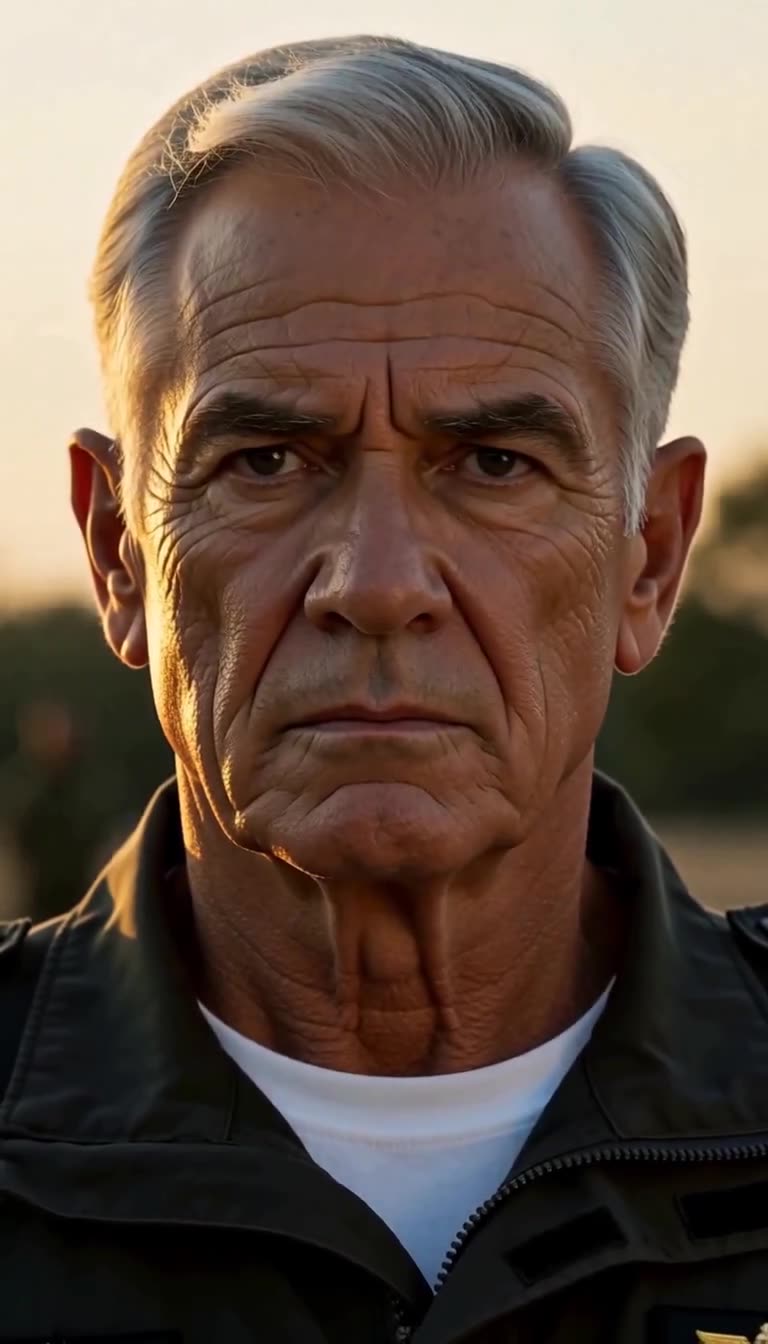 Close-up portrait of an older gray-haired military commander with a stern expression in golden light