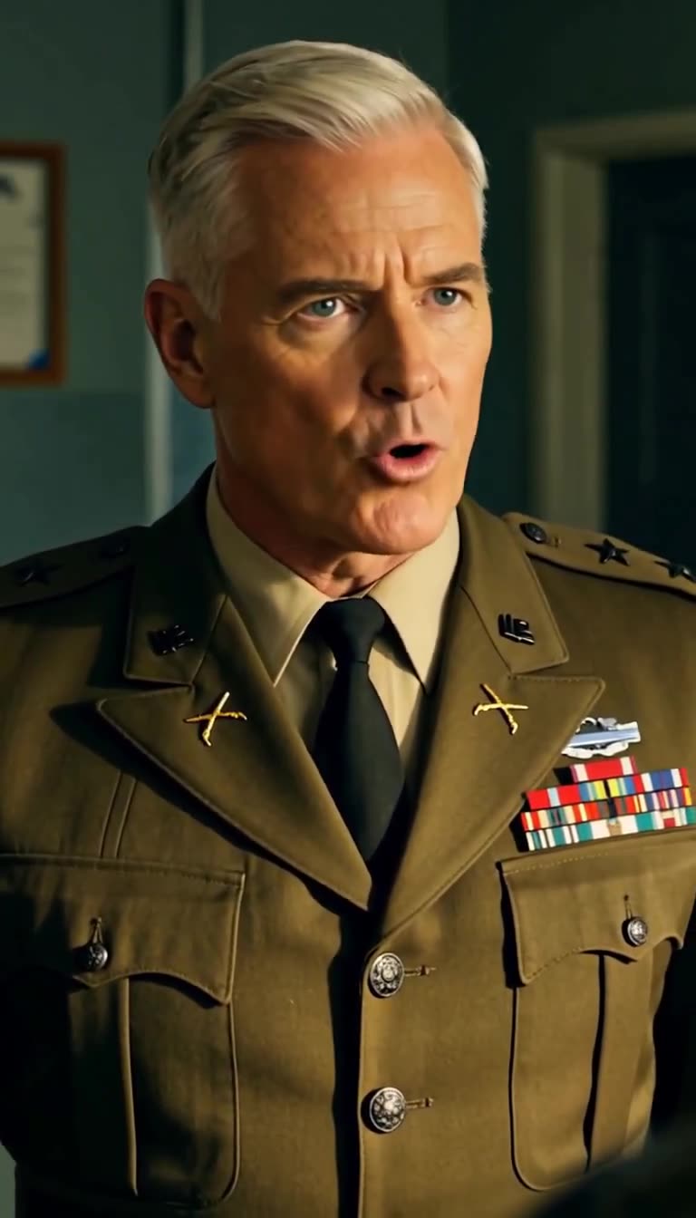 Same fictional senior general mid-speech with mouth open, wearing ribboned dress uniform in warm office light