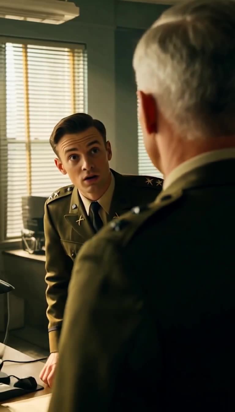 Fictional younger officer in dress uniform leaning over a desk looking shocked while facing the senior general in a sunlit office with blinds