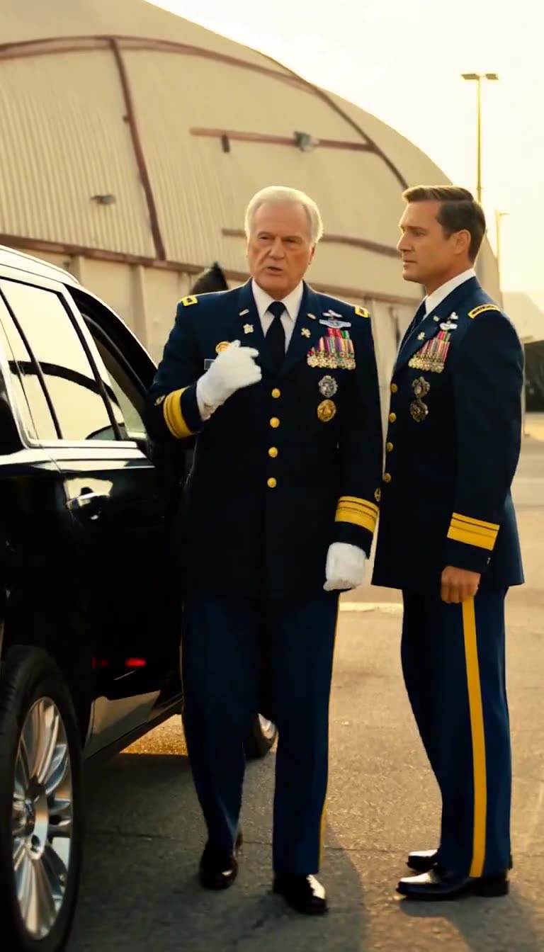 Grey-haired general in medal-covered dark blue dress uniform walking forward beside another officer next to a black SUV