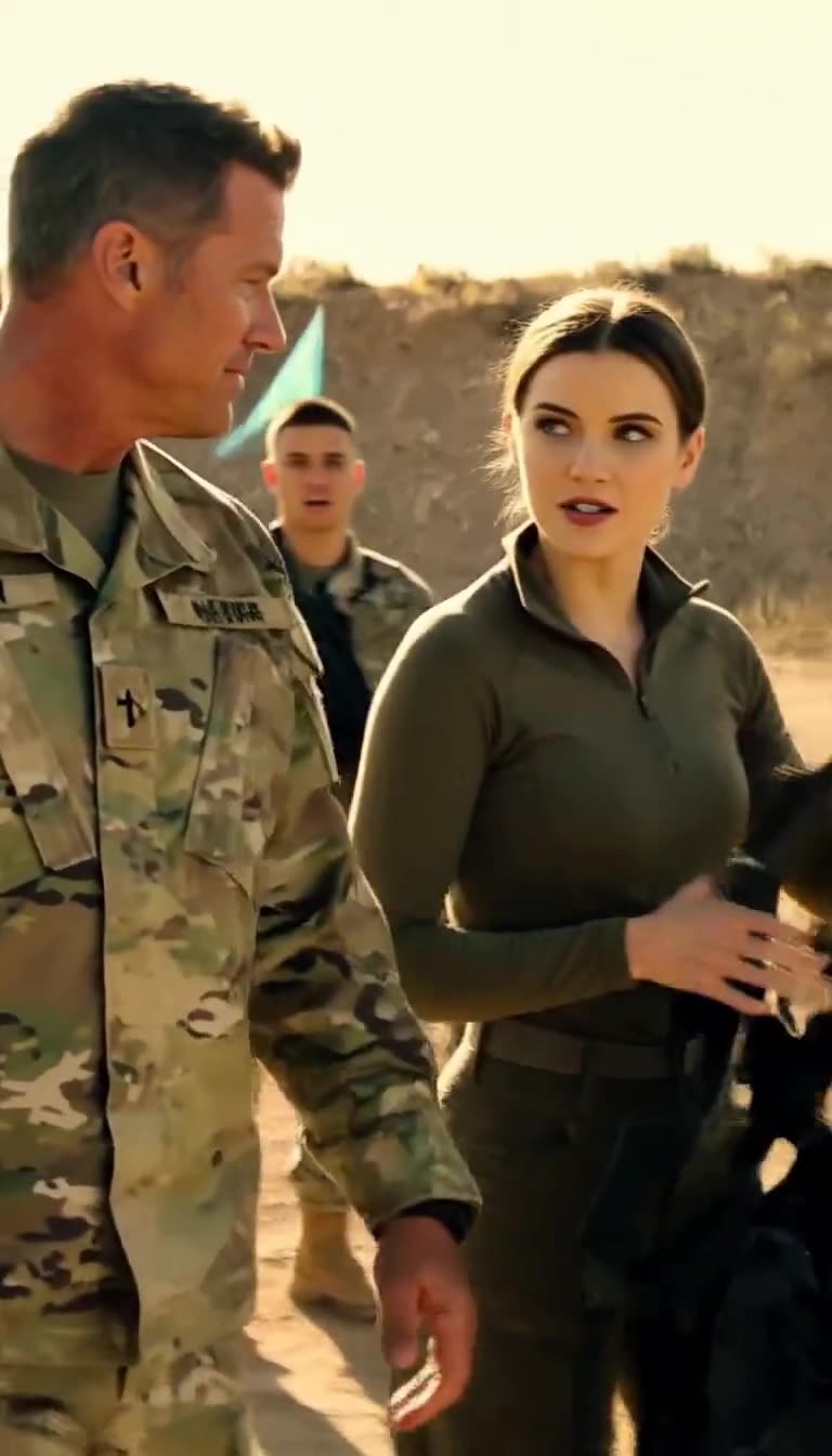 Emma Carter holding the gear and looking up at the instructor while a young soldier watches from behind