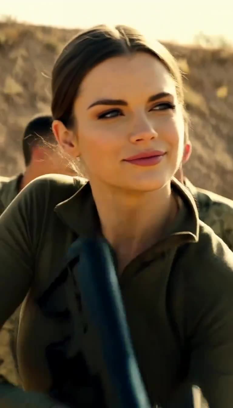 Close-up of Emma Carter with a calm confident smile holding the training rifle in golden sunlight
