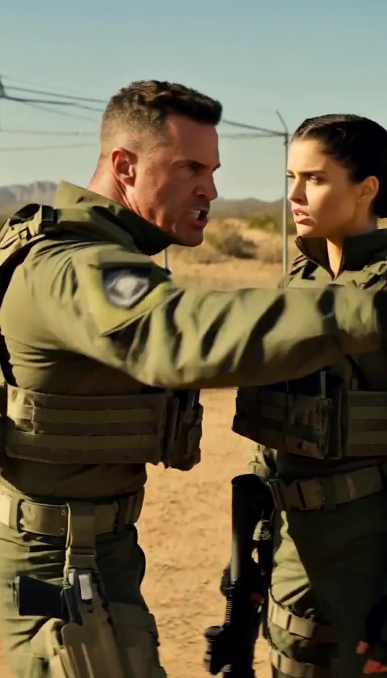 The instructor pointing toward the firing lane while ordering the female soldier who listens calmly with rifle lowered