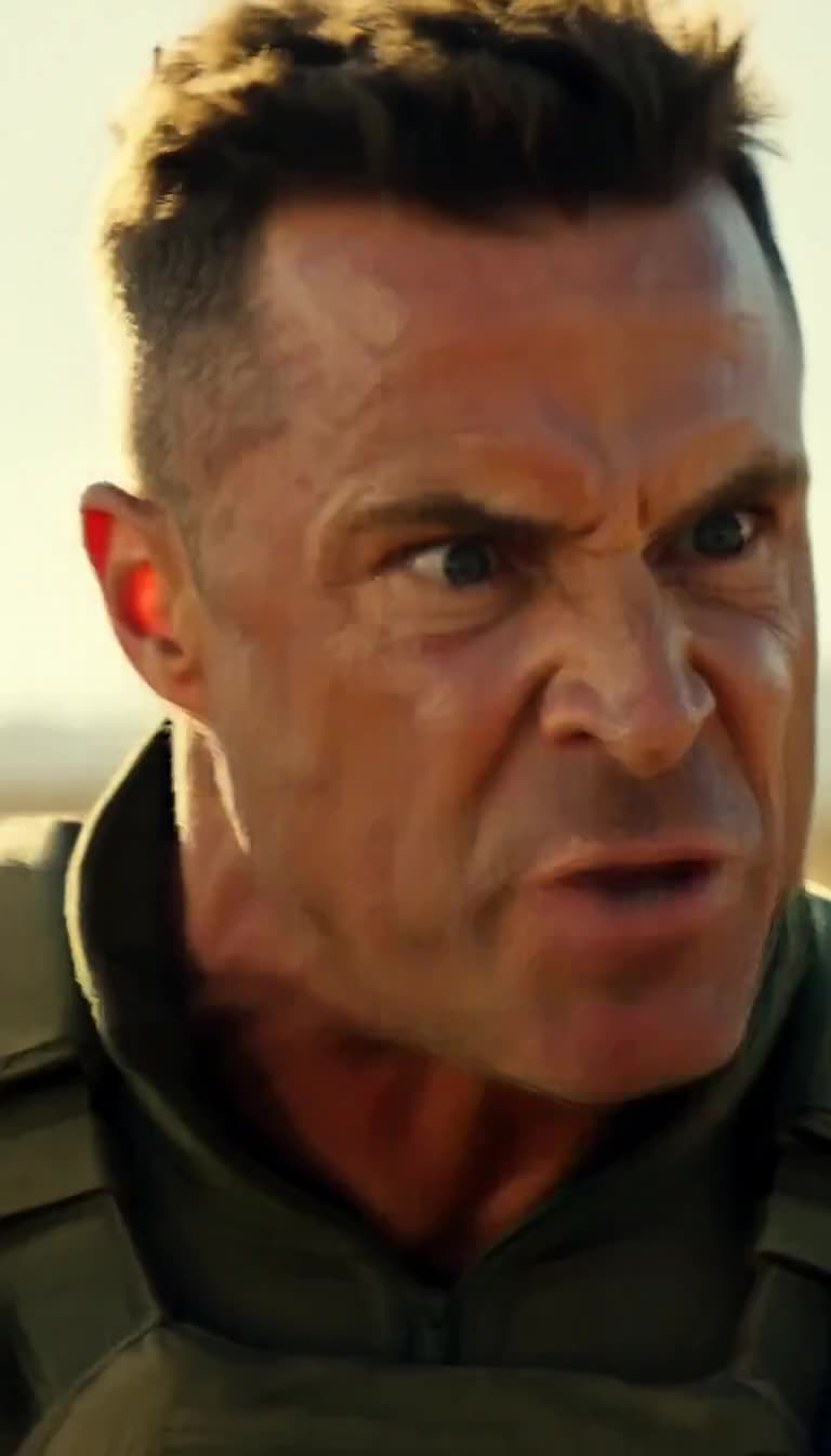 Extreme close-up of the instructor's furious and stunned face in bright harsh sunlight