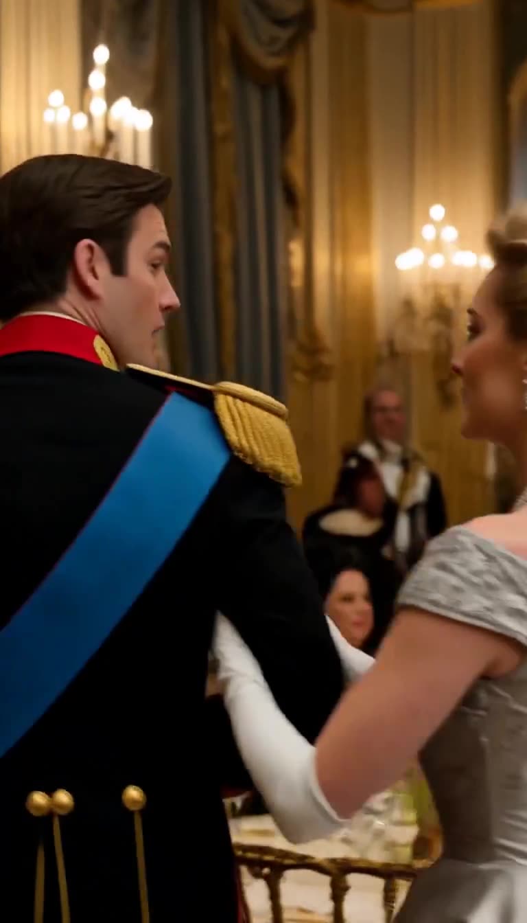 Fictional military officer in dress uniform turning away as a woman in a silver gown holds his arm in a ballroom