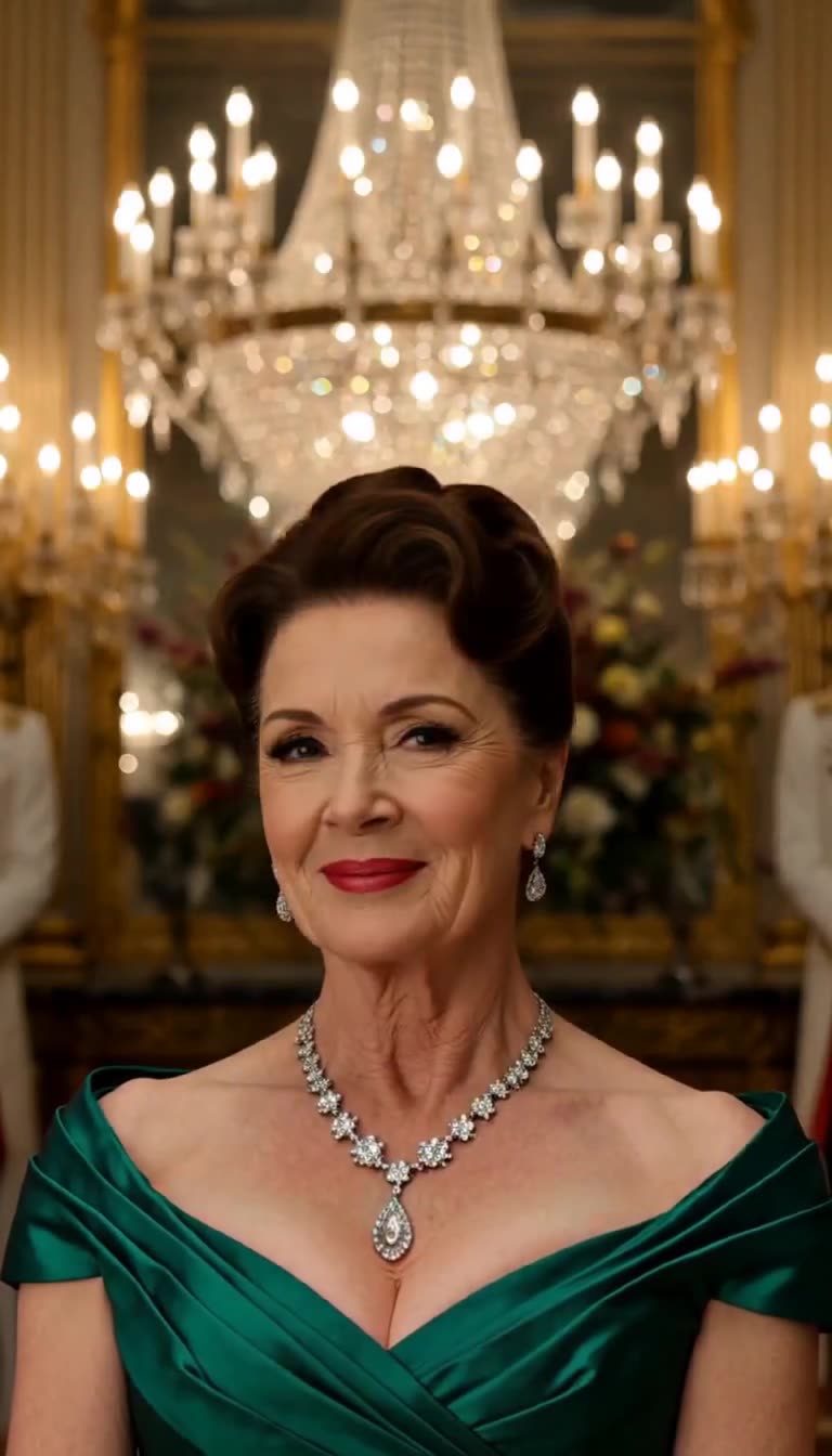 Close-up of fictional older woman in emerald gown and diamond necklace smiling smugly under a chandelier