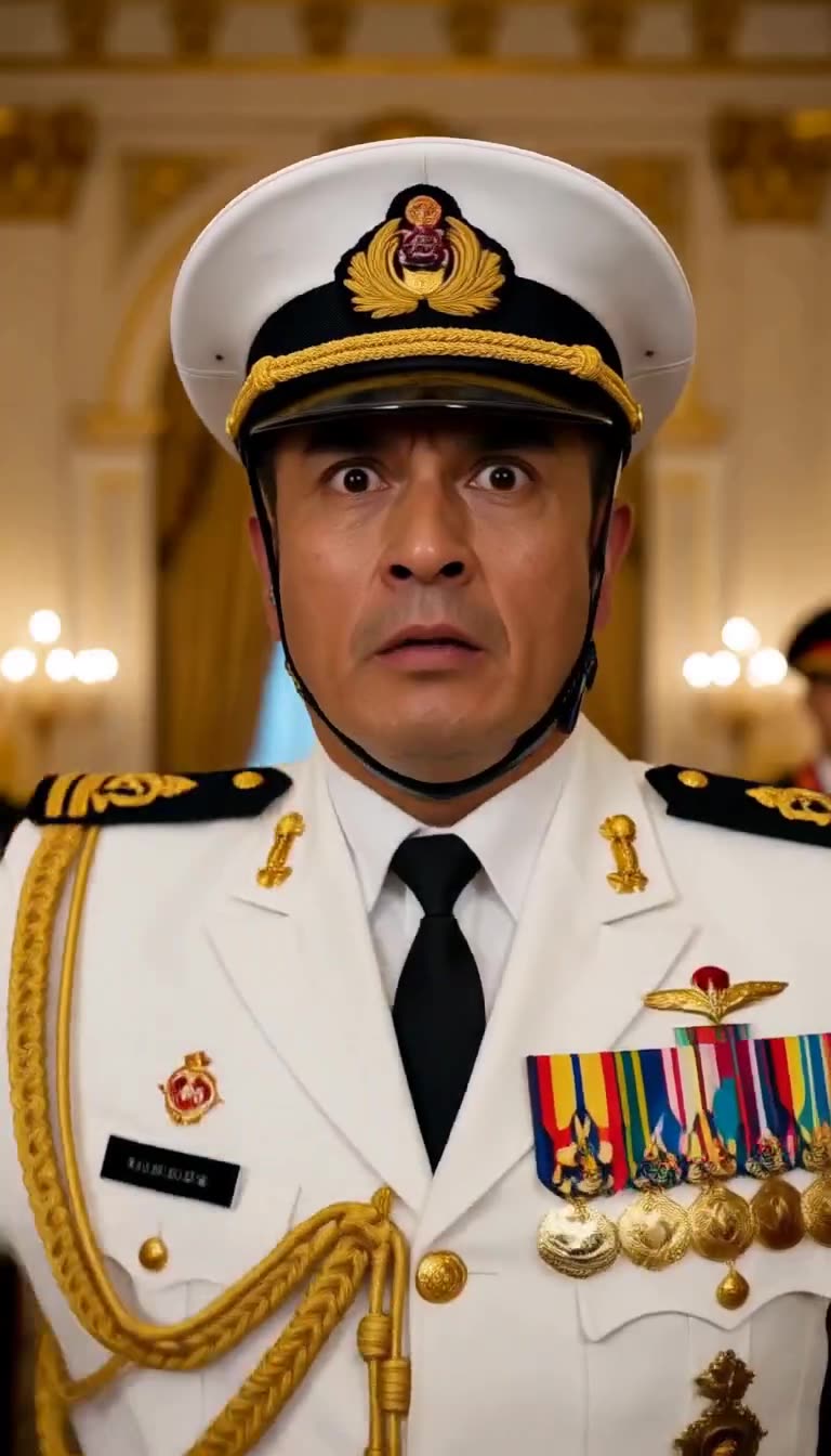 Close-up of military police officer in white dress uniform with medals showing a shocked wide-eyed expression