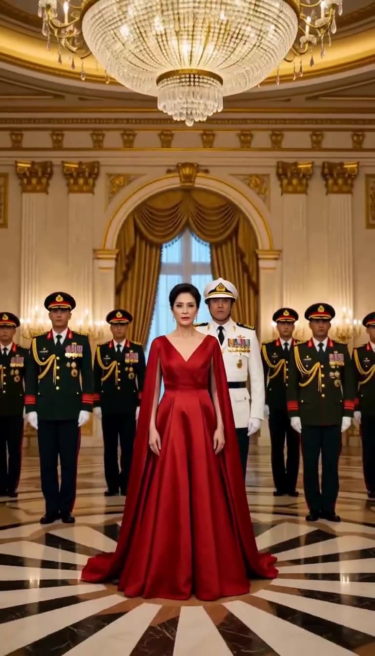 Woman in flowing red gown standing centered on marble floor surrounded by officers at attention under a large chandelier