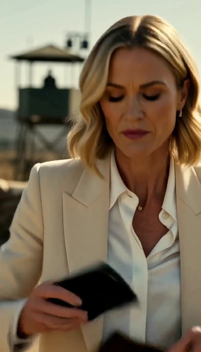 The woman standing at the checkpoint pulling a black phone from her bag with a serious, focused expression