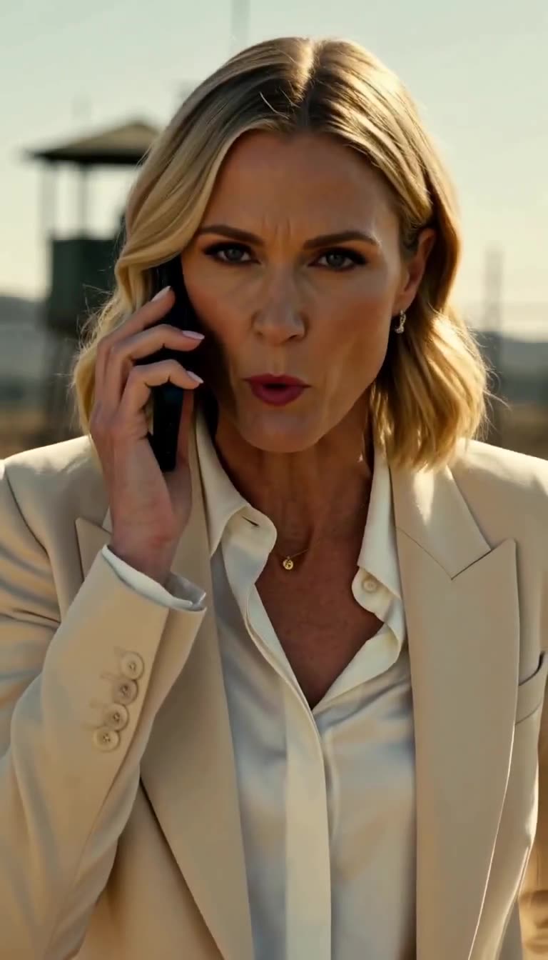 Close-up of the woman holding a phone to her ear, speaking with a cold and determined stare