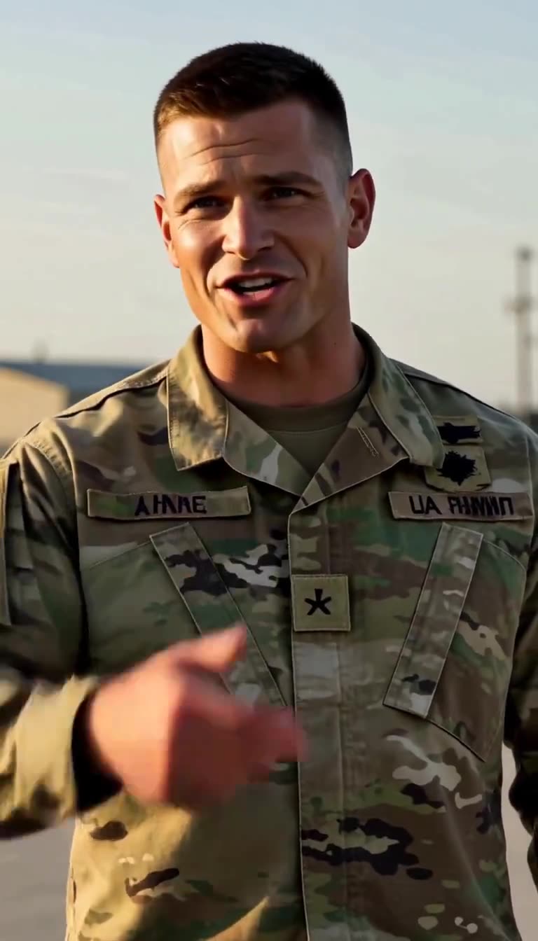 Male soldier in OCP camouflage pointing and speaking with a mocking expression in daylight