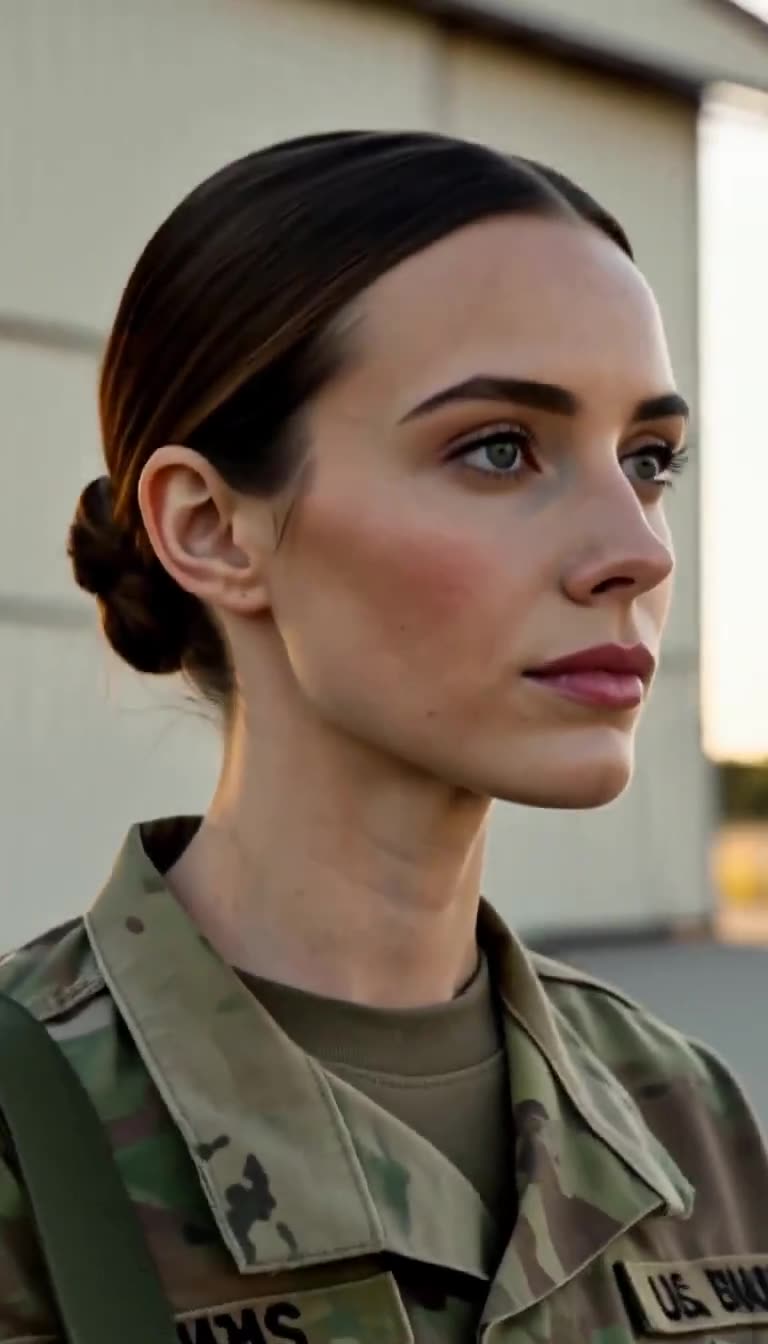 Close-up profile of young female soldier with hair in a bun looking calmly to the right