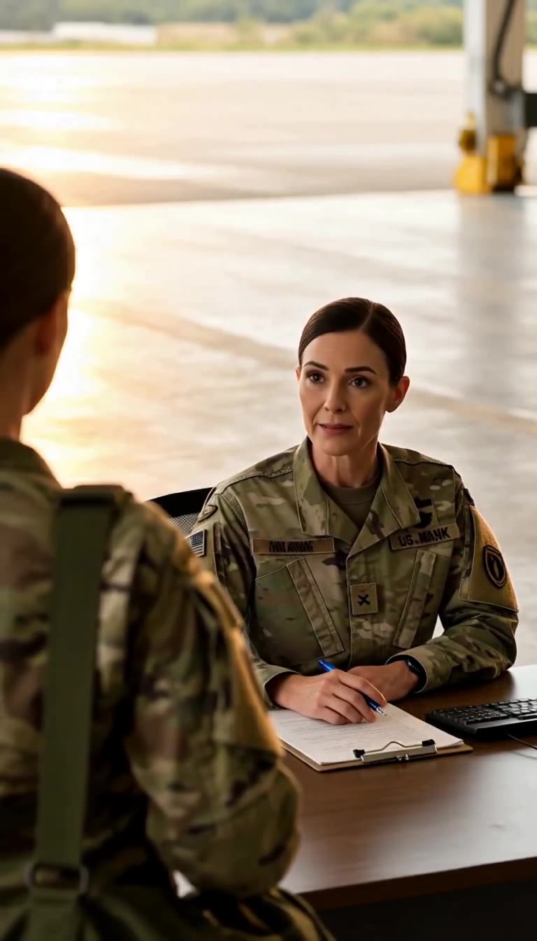 Female intake officer in camouflage uniform speaking while holding a pen over paperwork at the intake desk