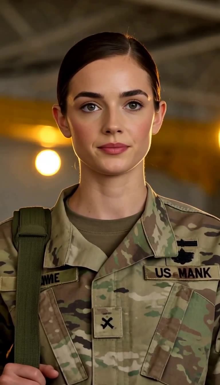 Close-up portrait of a young female medic in camouflage field uniform with a duffel bag strap over her shoulder