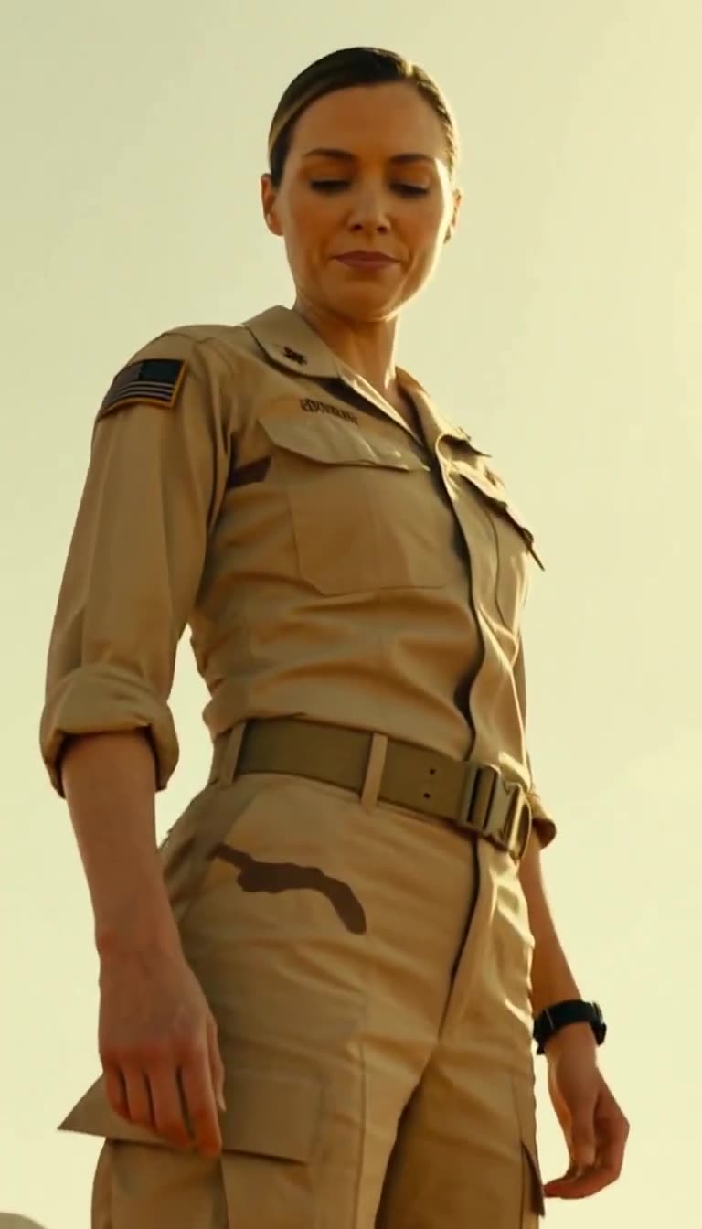 Low-angle close-up of a female officer in desert camouflage looking down with a calm, firm expression