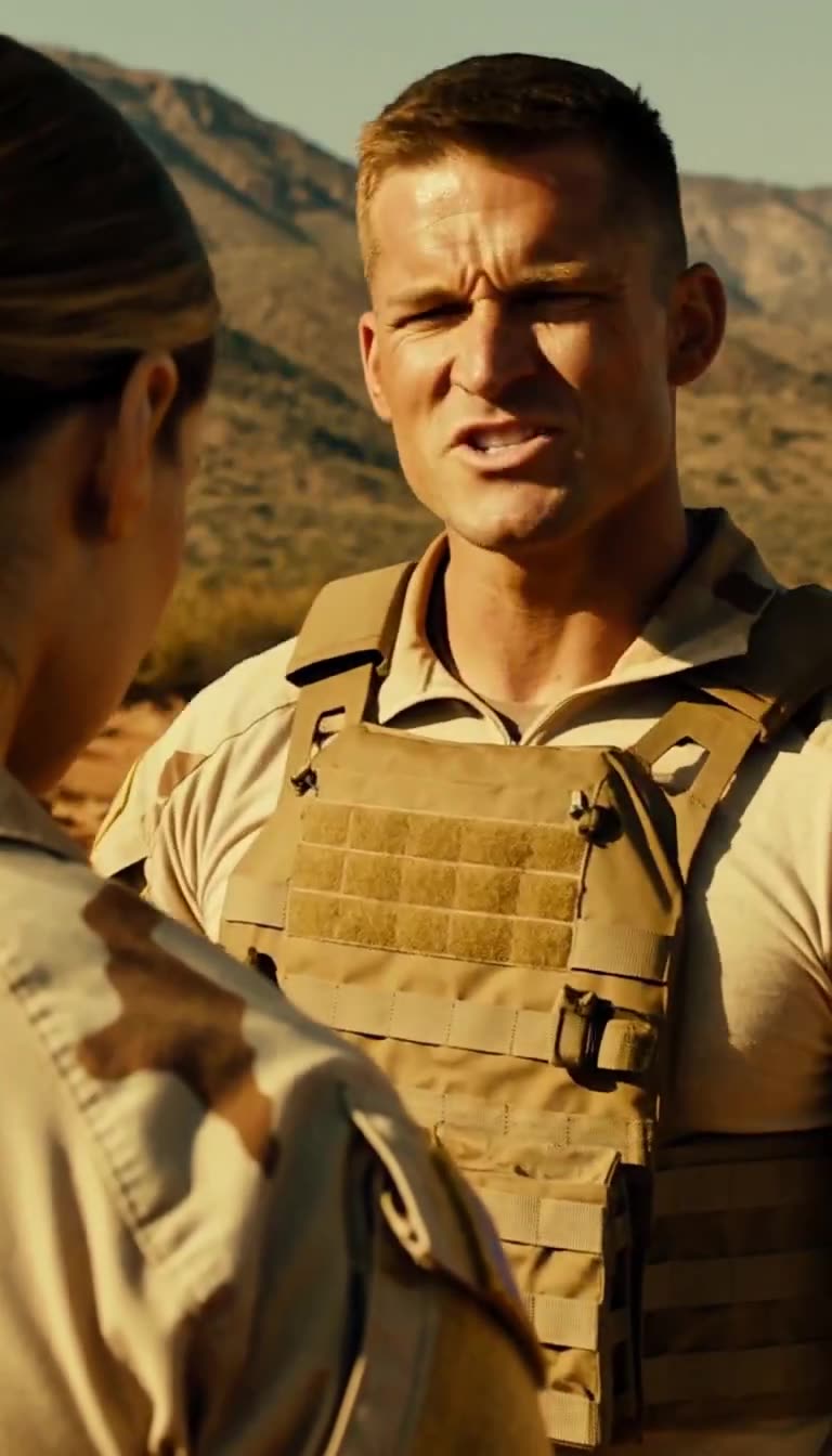 A male sergeant in tactical vest squinting in bright sunlight as he confronts the female officer face-to-face