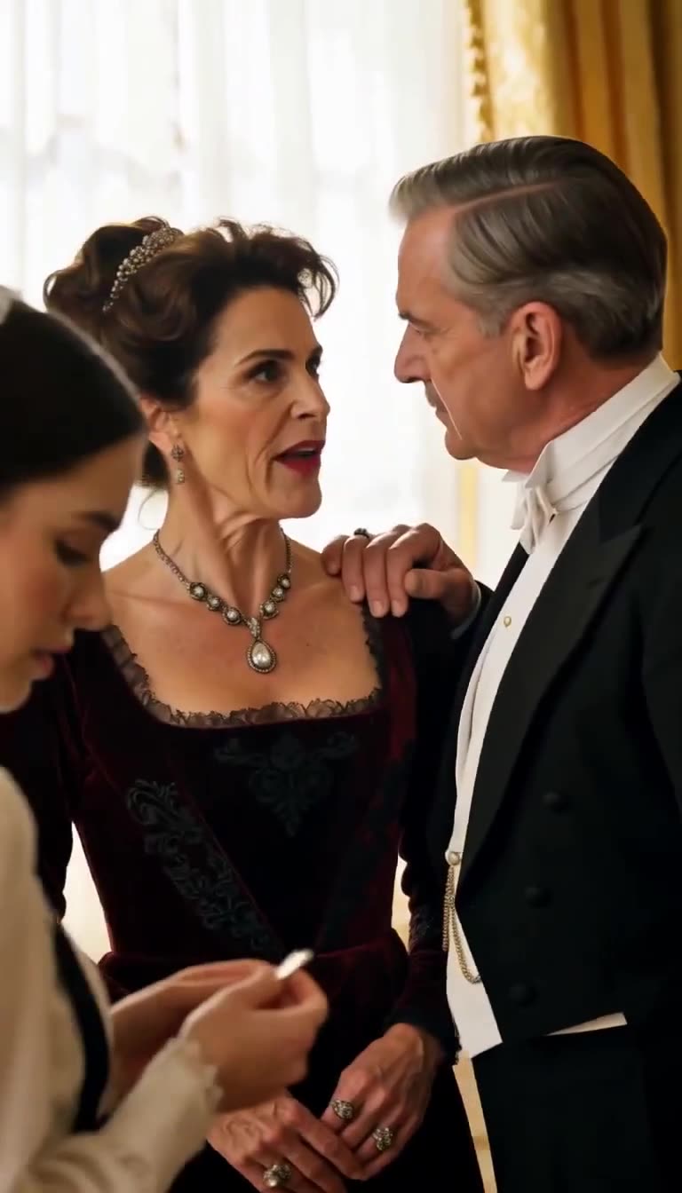 An older couple in formal evening wear looking intently at a young maid during a tense conversation by a window