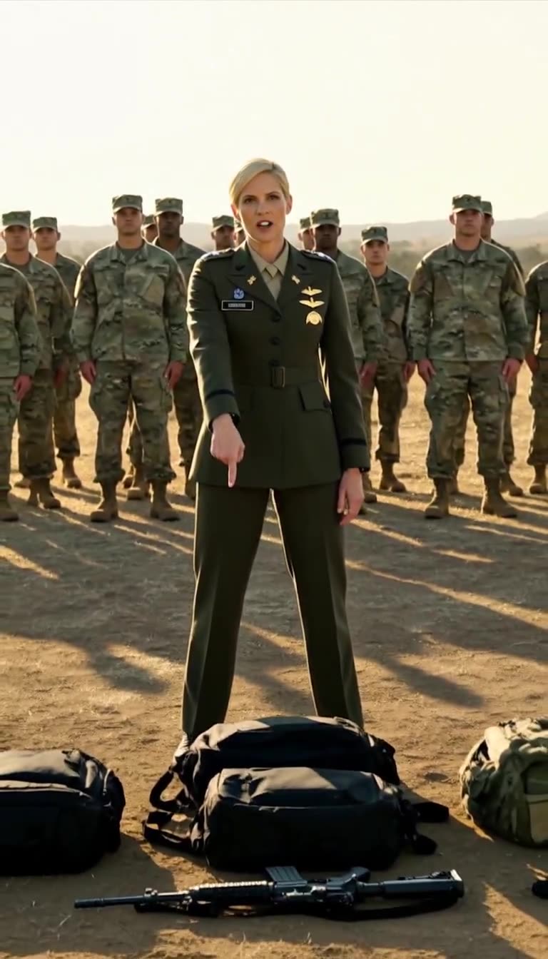 The officer pointing down at scattered bags and a rifle on the ground in front of the formation